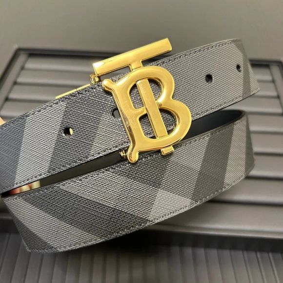Burberry TB Men's Belt - Gold Bright Buckle with Rotating Design - Picture 1 of 5